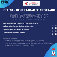 Convite para Defesa de Dissertação da aluna MARIA SAMILA SOUZA GUIMARÃES